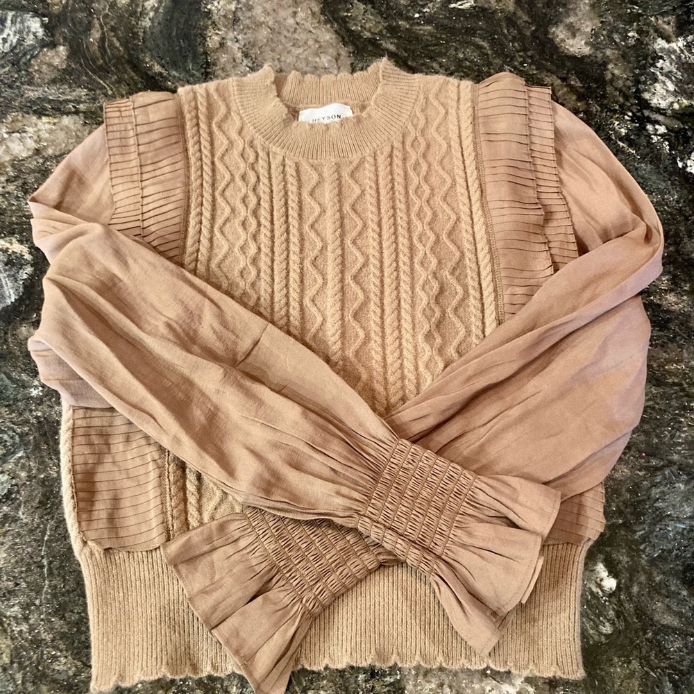 🆕 NWOT Heyson Cable-Knit Puff Sleeve Sweater Double Pleats Cocoa Size Small